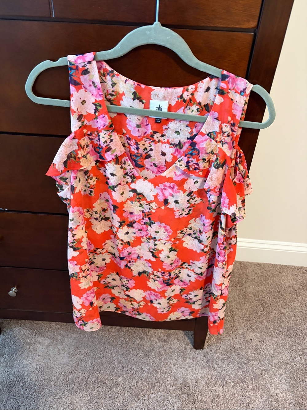 CAbi Floral Cold-Shoulder Camisole in Coral and Pink